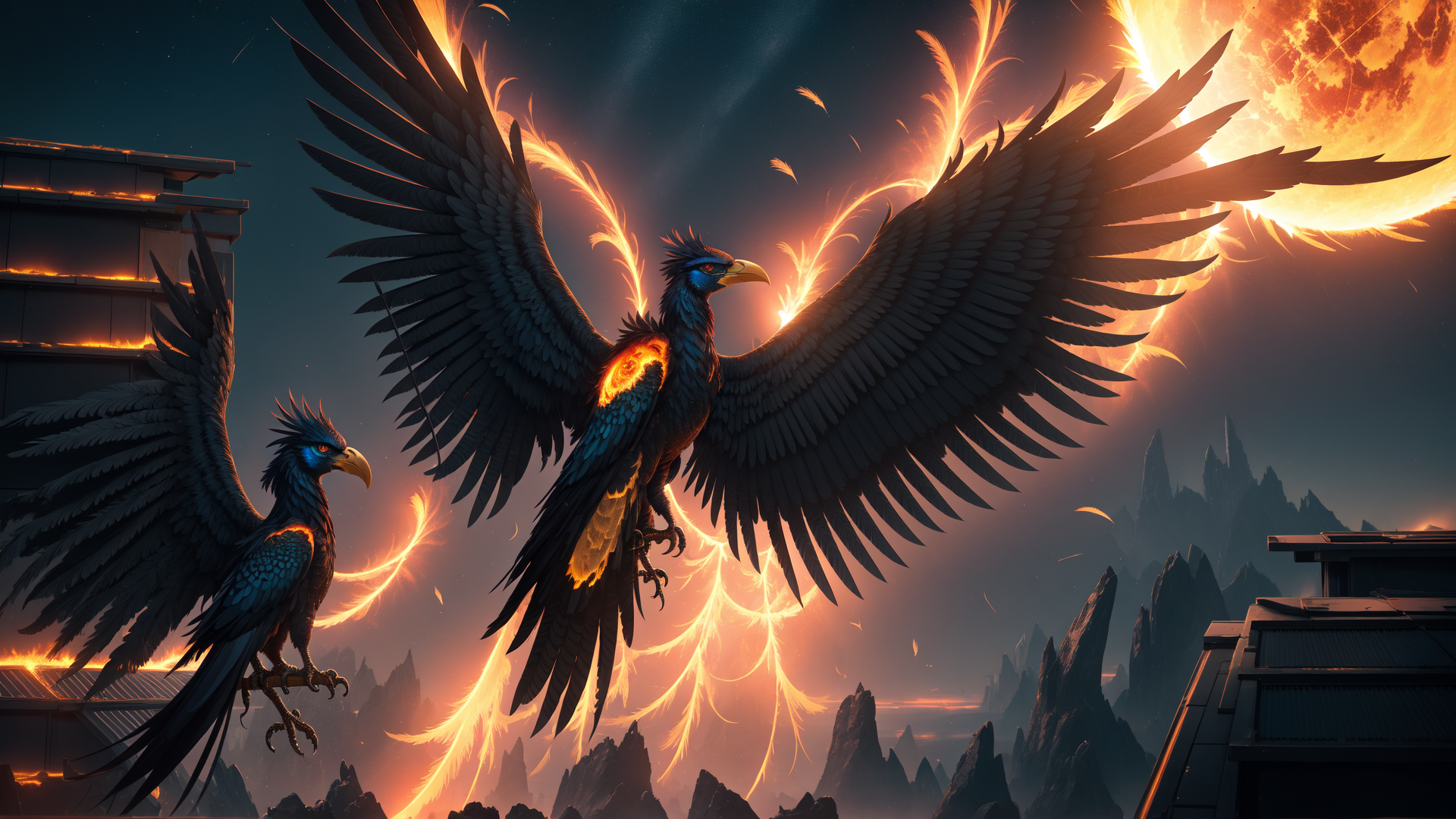 AI generated wallpaper featuring eagles, feathers, sun