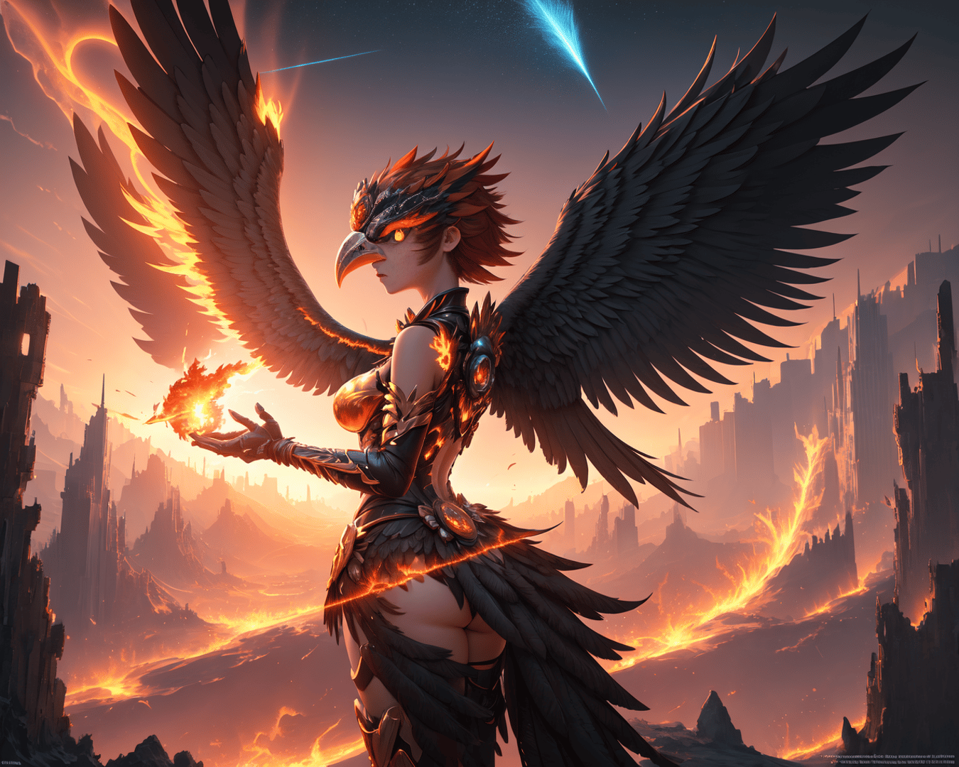 AI generated wallpaper featuring bird woman, falcon, angel