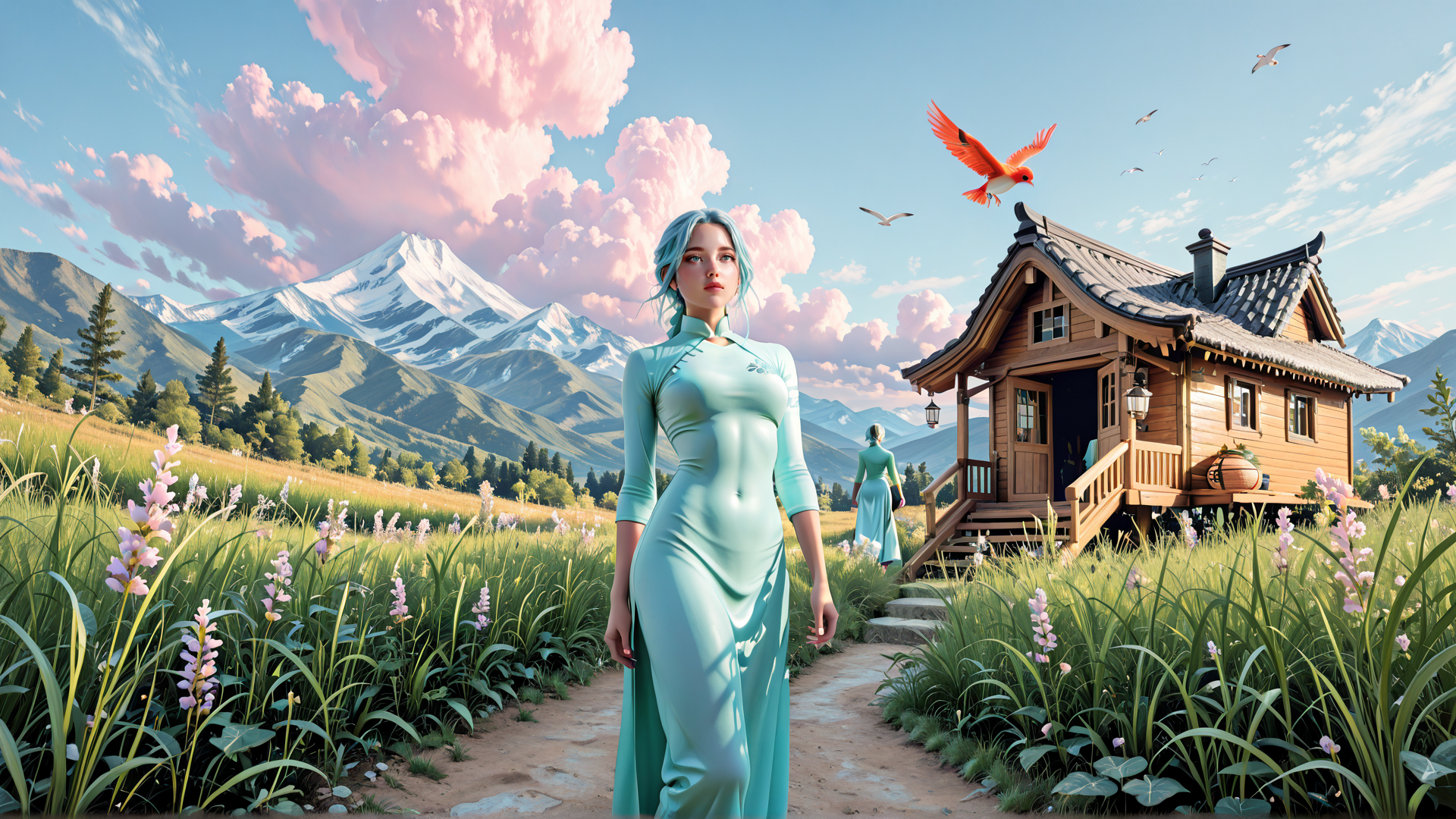 AI generated wallpaper featuring woman, house, bird, mountain, flower, cloud, path