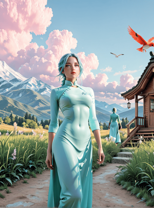 woman, house, bird, mountain, flower, cloud, path
