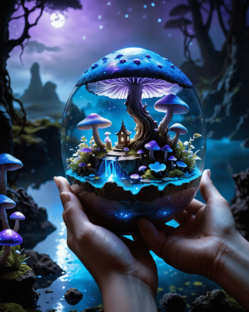 AI generated wallpaper featuring globe, mushroom, tree, house, waterfall, hands, moon, forest, fungus, plants