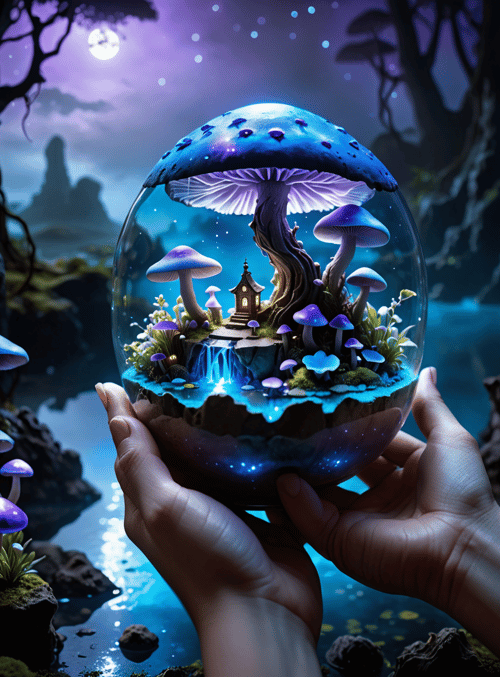 globe, mushroom, tree, house, waterfall, hands, moon, forest, fungus, plants