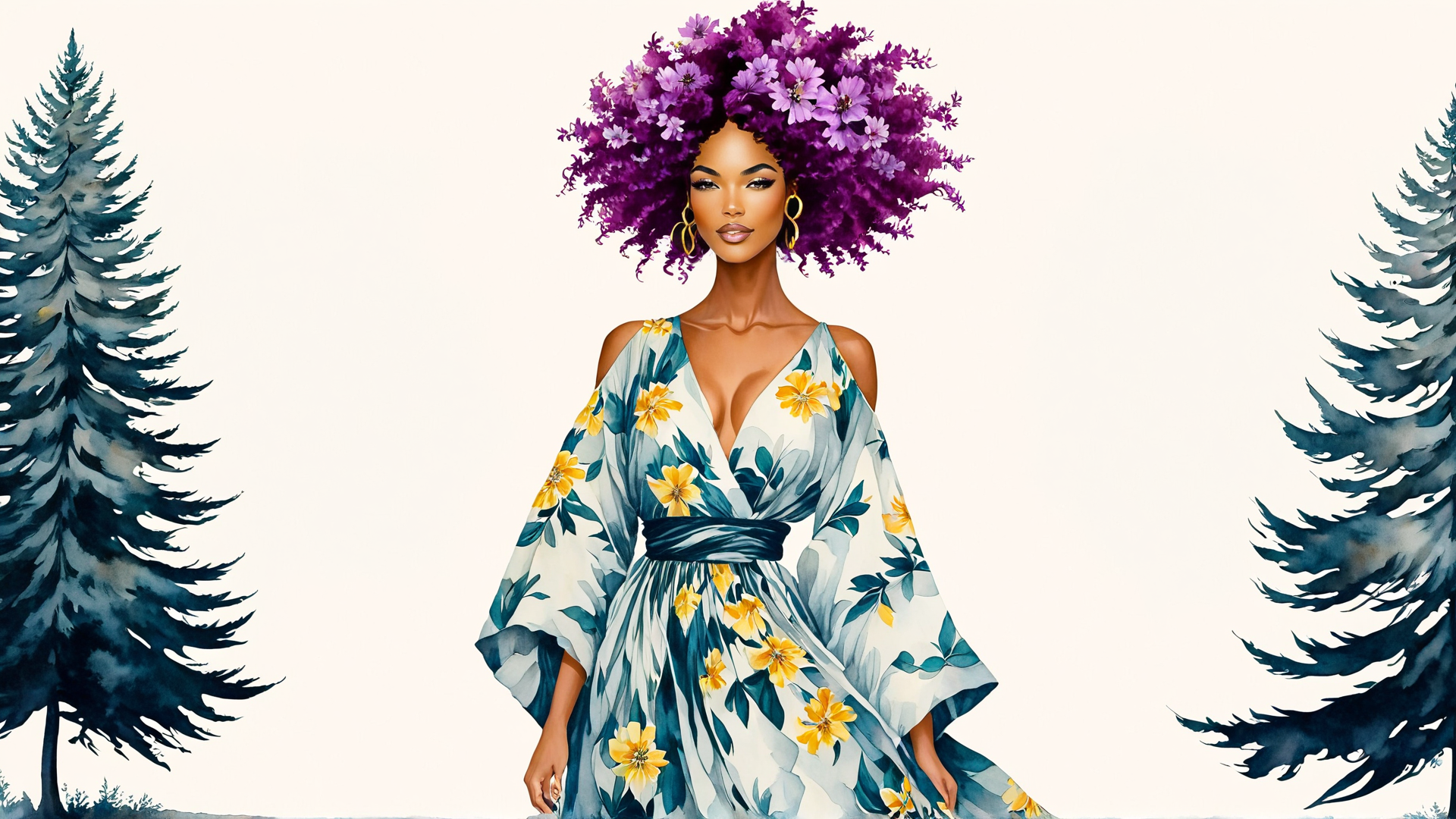AI generated wallpaper featuring woman, flowers, dress, trees