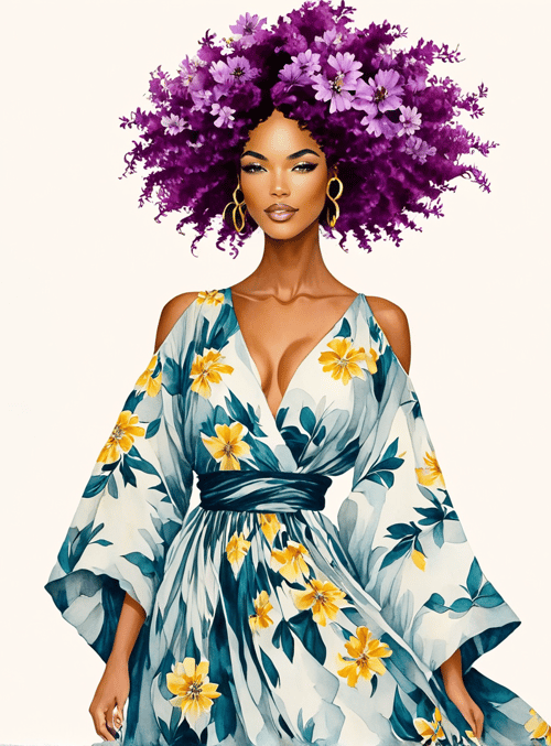 woman, flowers, dress, trees
