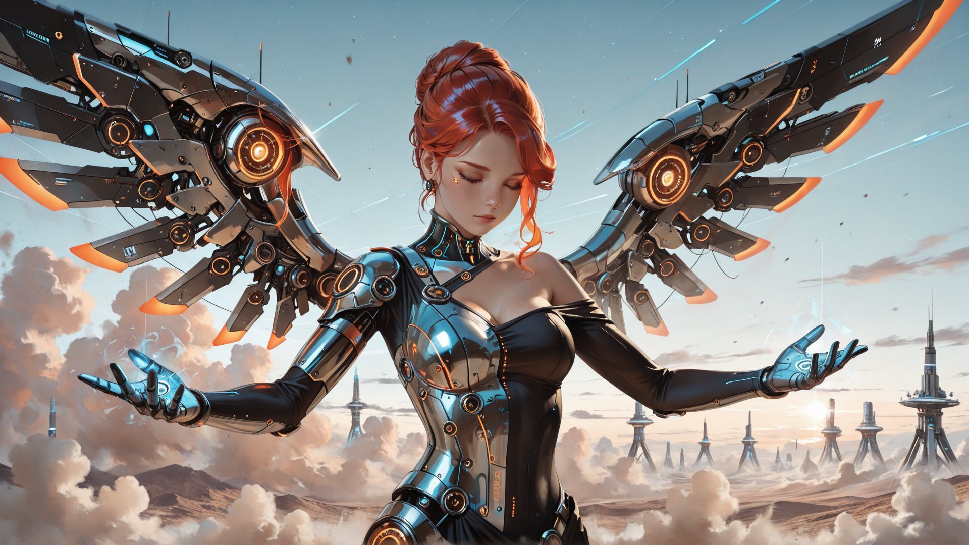 AI generated wallpaper featuring cyborg, woman, mechanical wings, gloves, futuristic armor