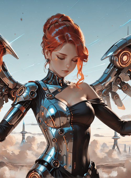 cyborg, woman, mechanical wings, gloves, futuristic armor