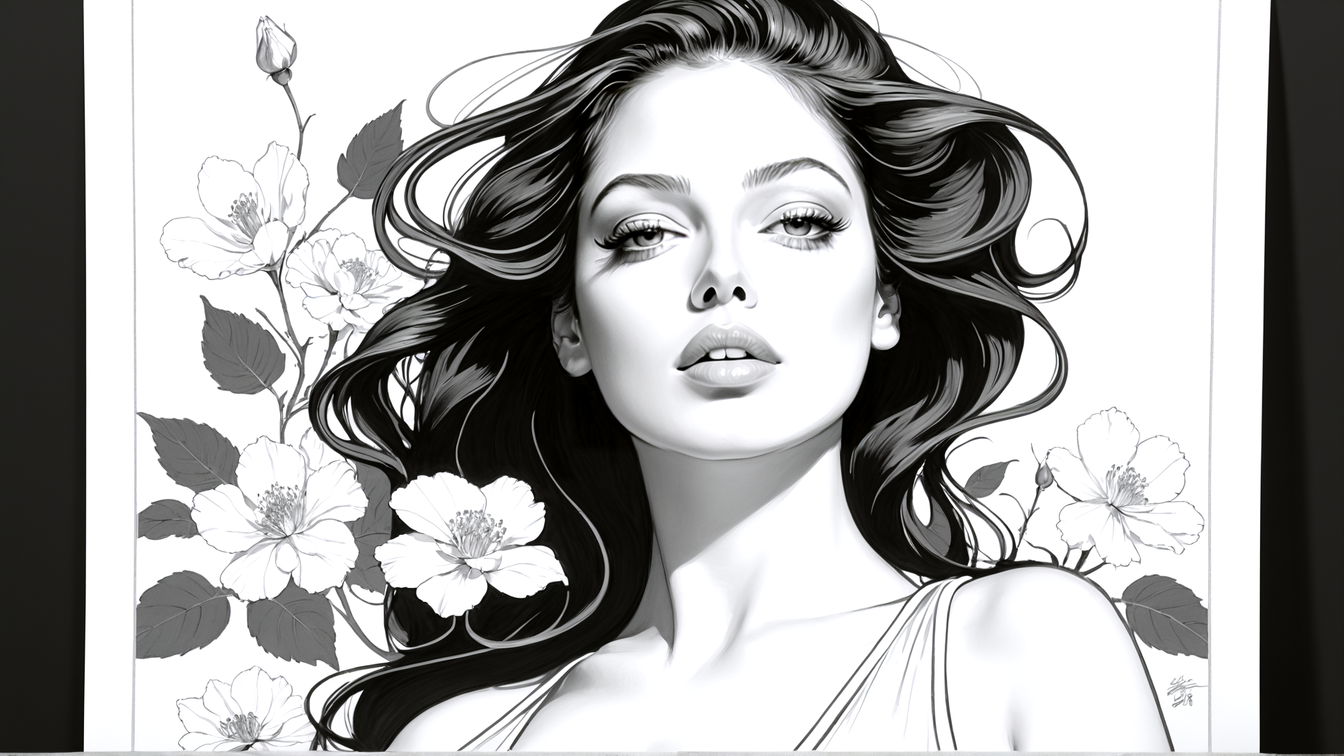 AI generated wallpaper featuring woman, flowers, hair