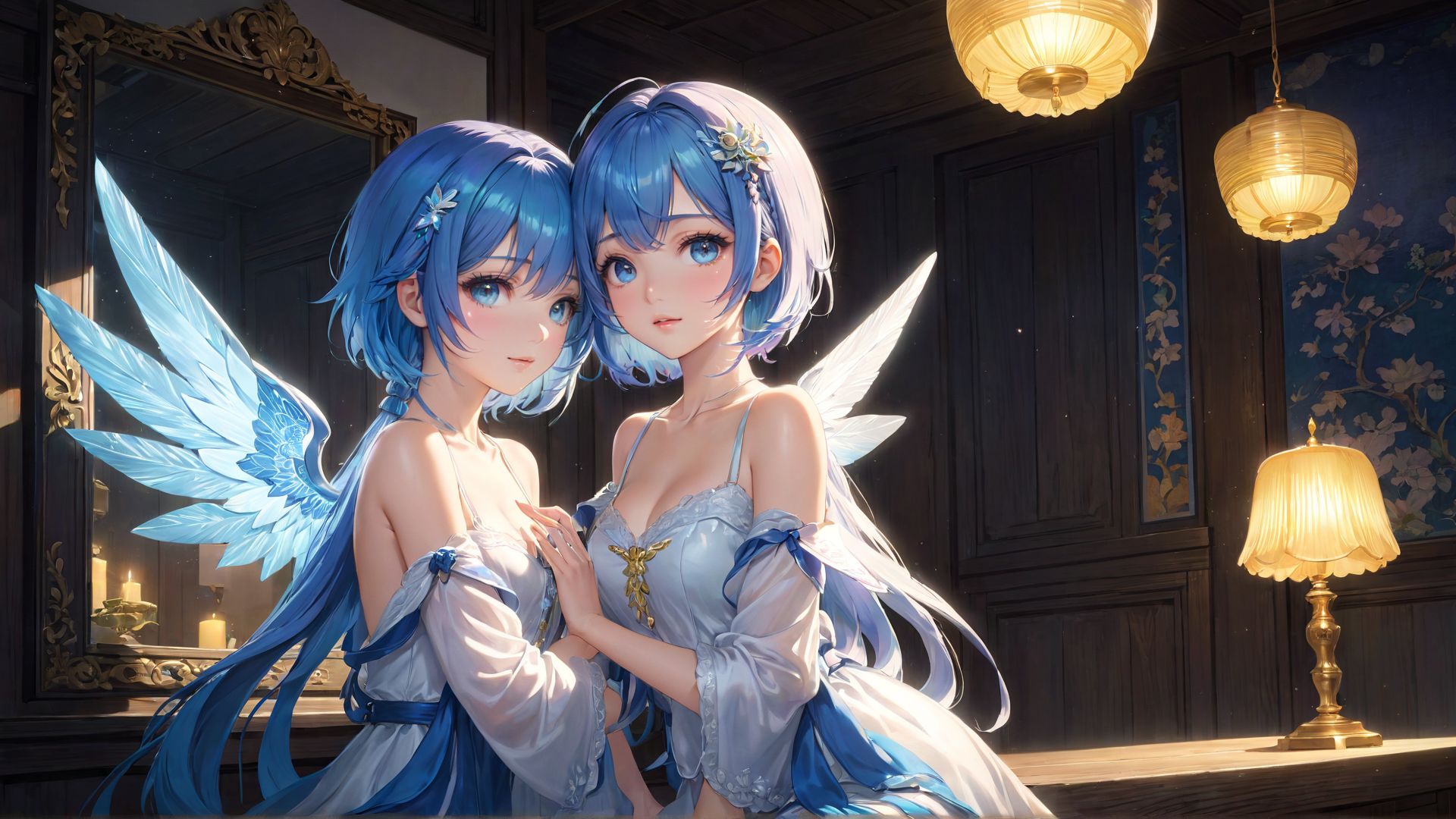 AI generated wallpaper featuring females, angels, wings, hair, dress, mirror, lamp, room, flowers, candles