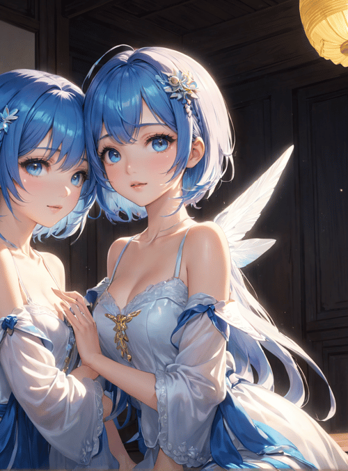 females, angels, wings, hair, dress, mirror, lamp, room, flowers, candles