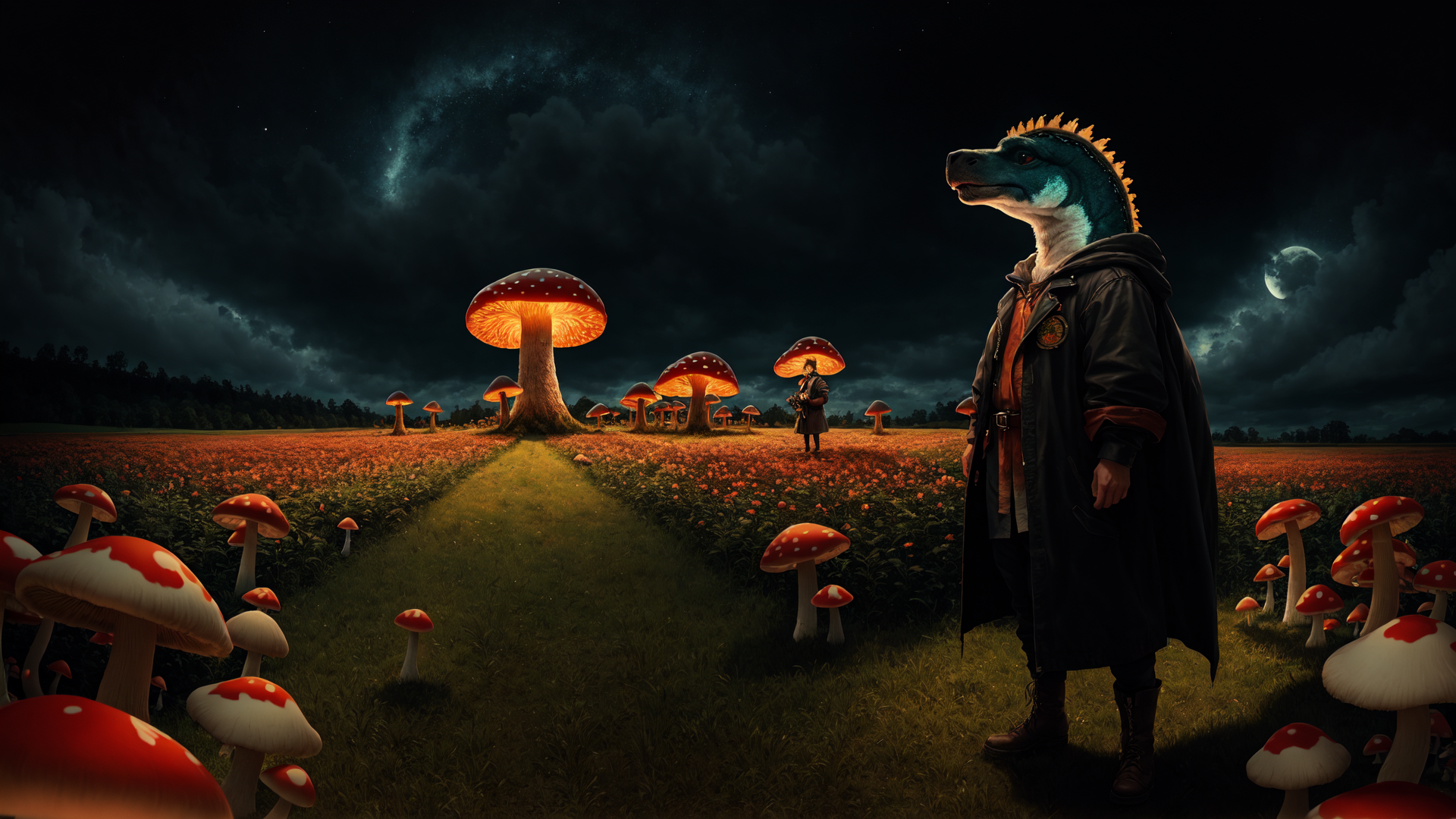 AI generated wallpaper featuring creature, mushroom, person, field, galaxy, moon, cloak, dog, plant, night