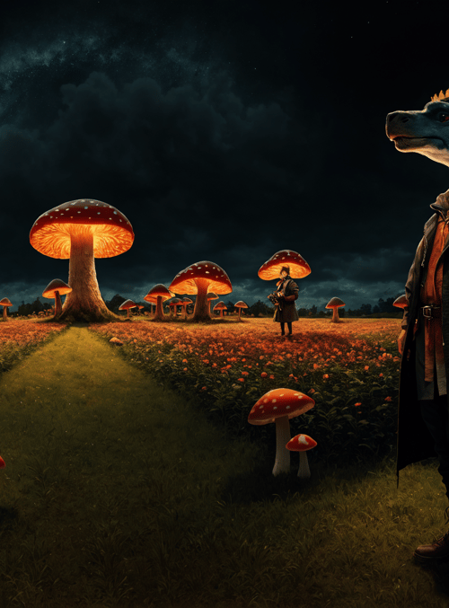 creature, mushroom, person, field, galaxy, moon, cloak, dog, plant, night