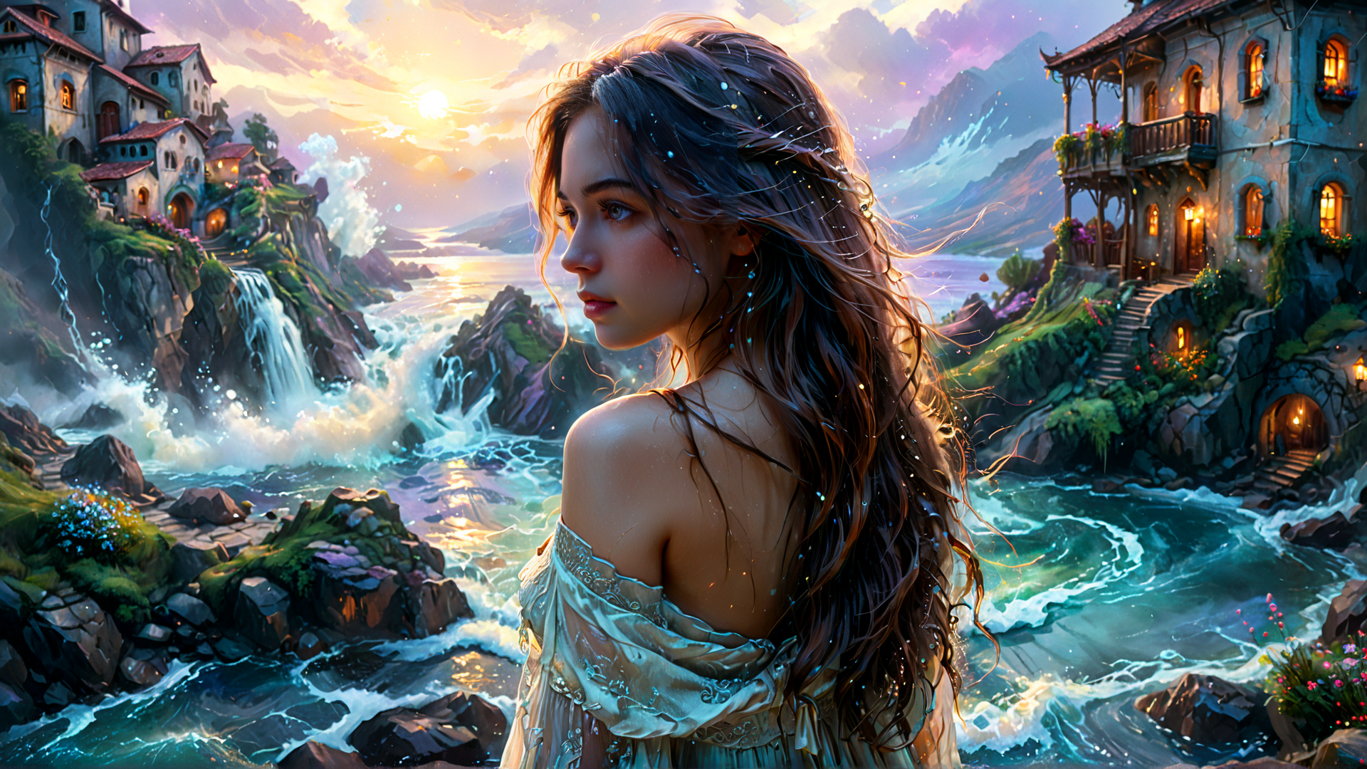 AI generated wallpaper featuring woman, waterfall, village