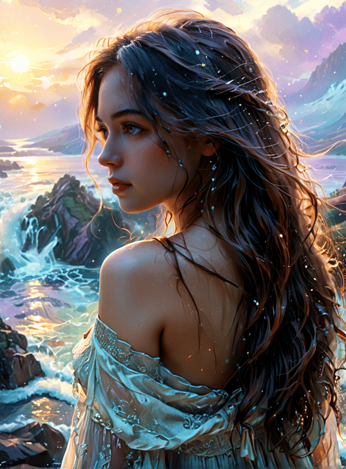 woman, waterfall, village