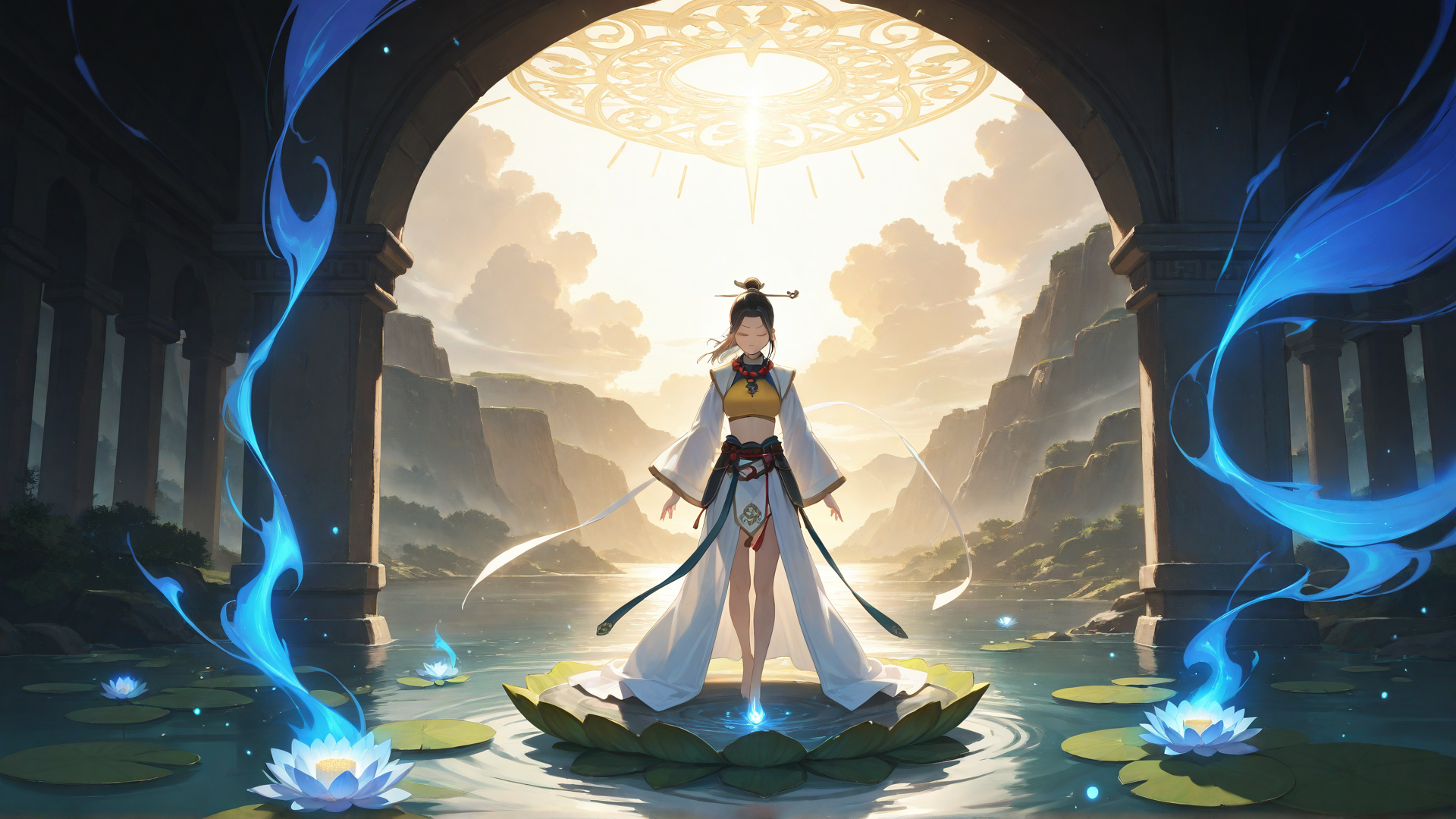 AI generated wallpaper featuring goddess, lotus, ancient