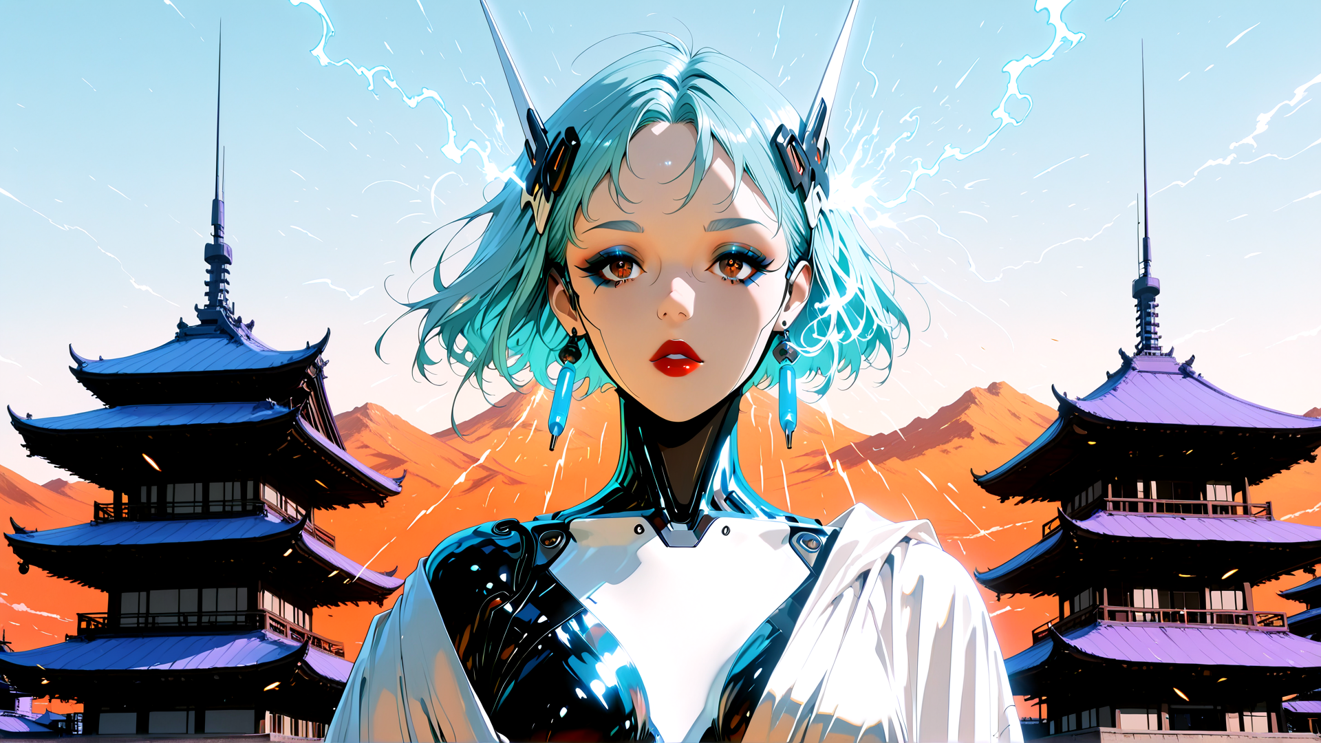 AI generated wallpaper featuring cyborg, woman, pagoda, mountain, electricity