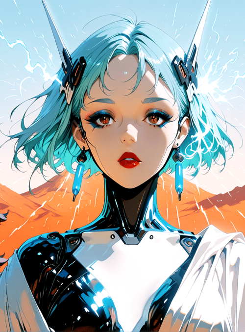 cyborg, woman, pagoda, mountain, electricity