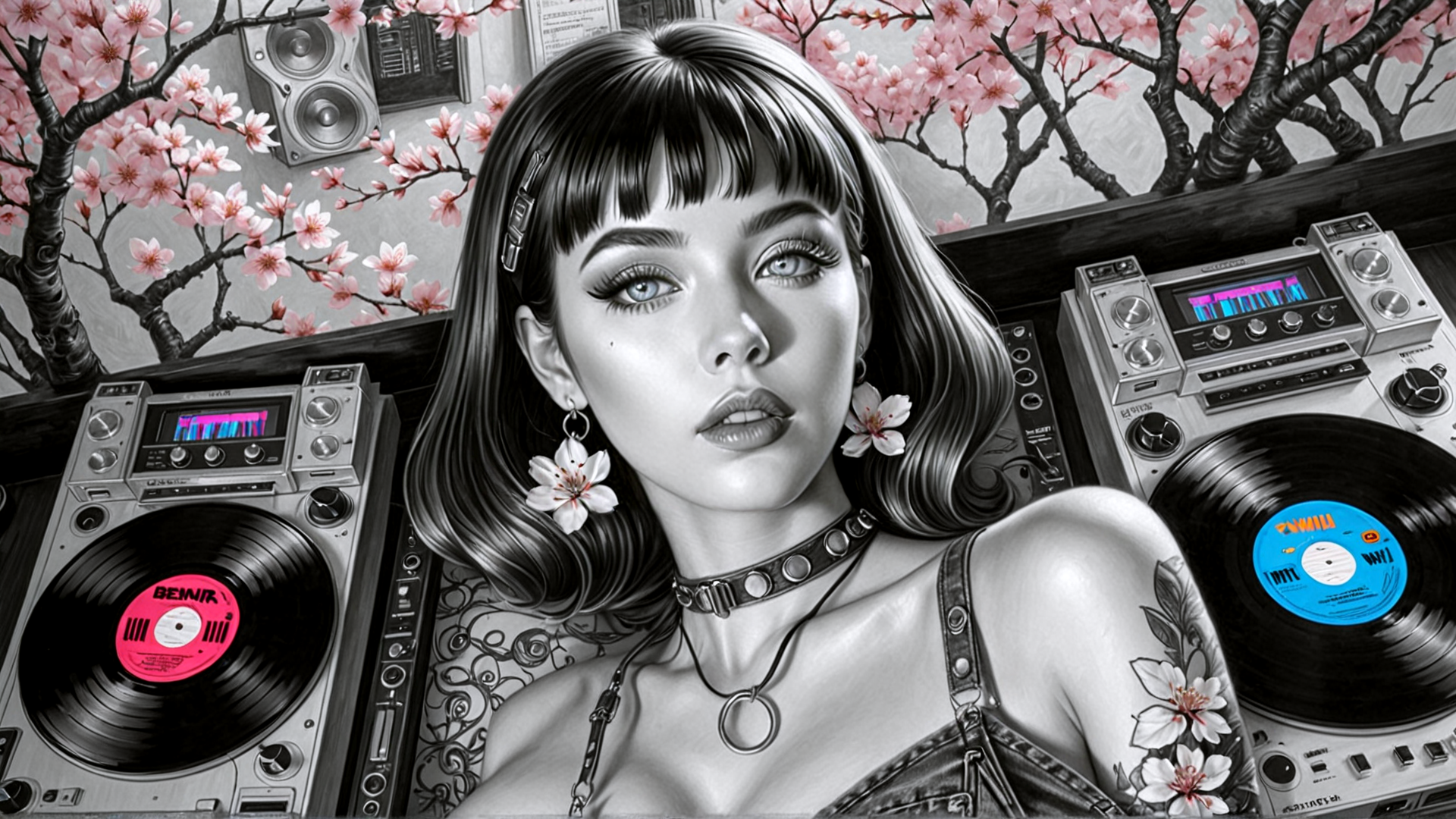 AI generated wallpaper featuring woman, vinyl records, cherry blossoms, speakers, tattoo, earrings, choker, overalls, wallpaper, cassette