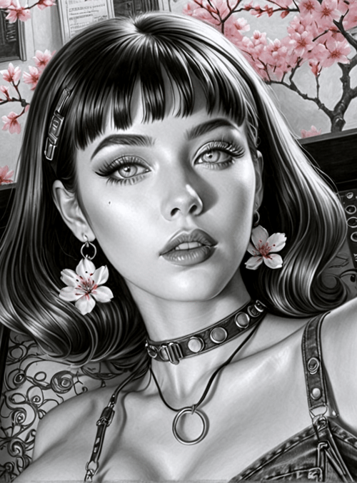 woman, vinyl records, cherry blossoms, speakers, tattoo, earrings, choker, overalls, wallpaper, cassette