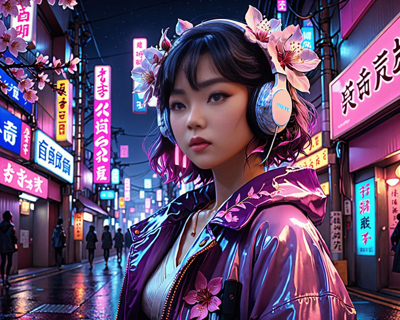 AI generated wallpaper featuring woman, cherry blossoms, street