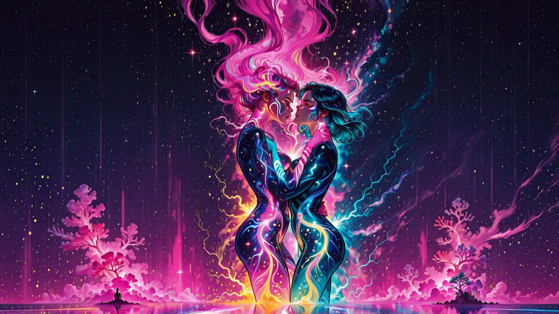 AI generated wallpaper featuring couple, women, figures, stars, coral, trees