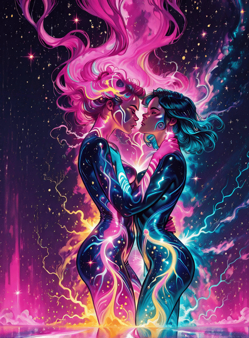 couple, women, figures, stars, coral, trees