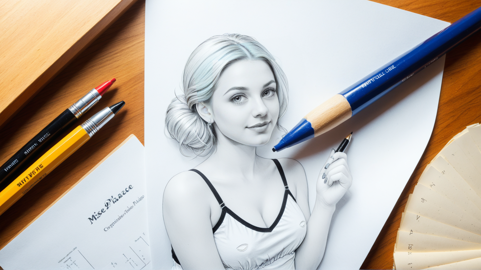 AI generated wallpaper featuring woman, pencil, paper