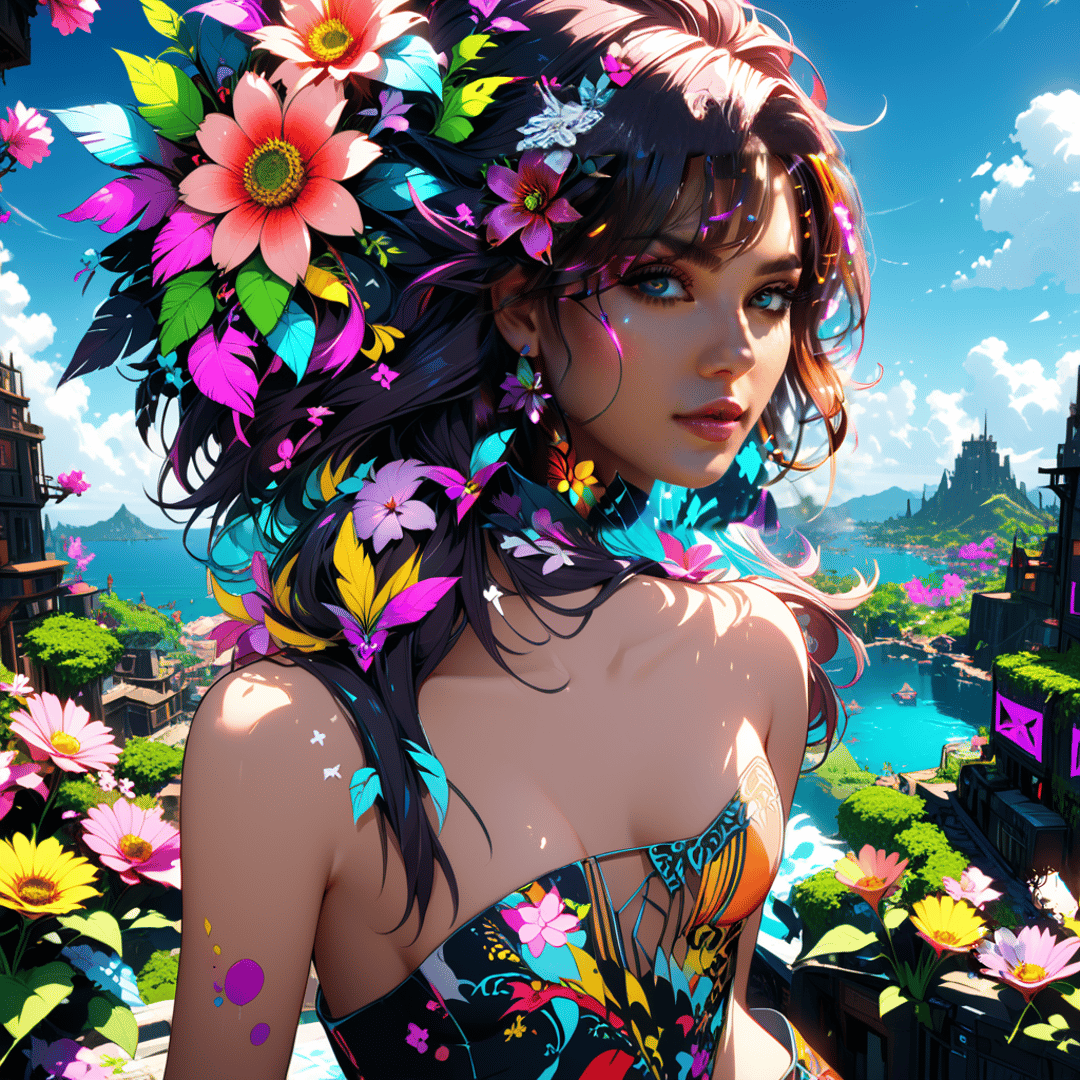 AI generated wallpaper featuring woman, flowers, city