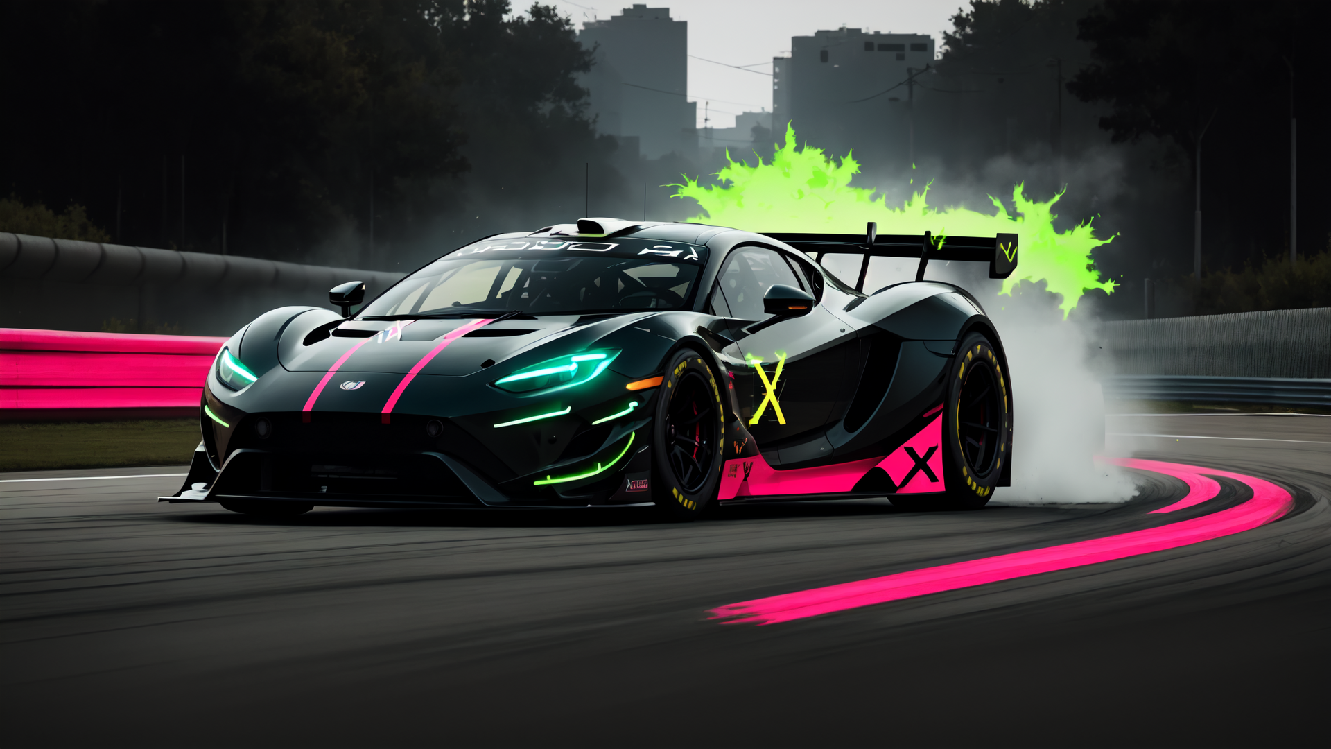 AI generated wallpaper featuring race car, supercar, drift, track, car, vehicle, speed, performance, racing, aerodynamics