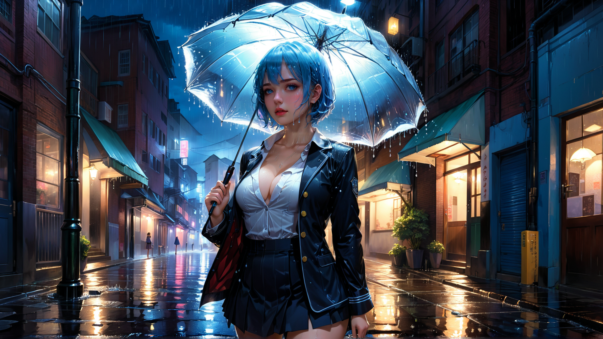 AI generated wallpaper featuring woman, umbrella, city, rain, street, building, light, dress, coat, skirt