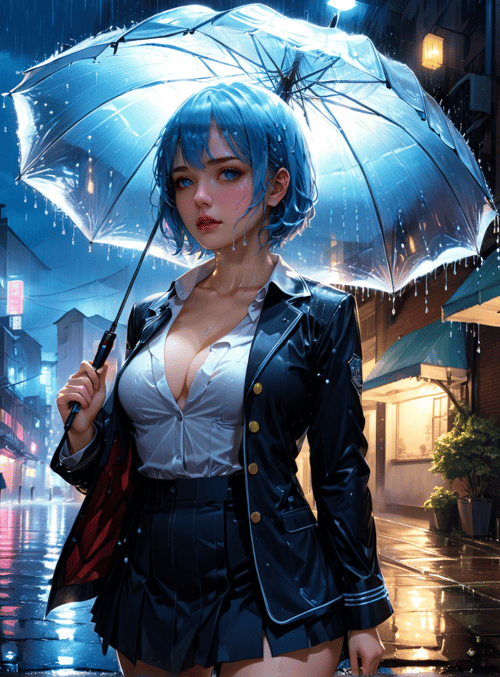 woman, umbrella, city, rain, street, building, light, dress, coat, skirt