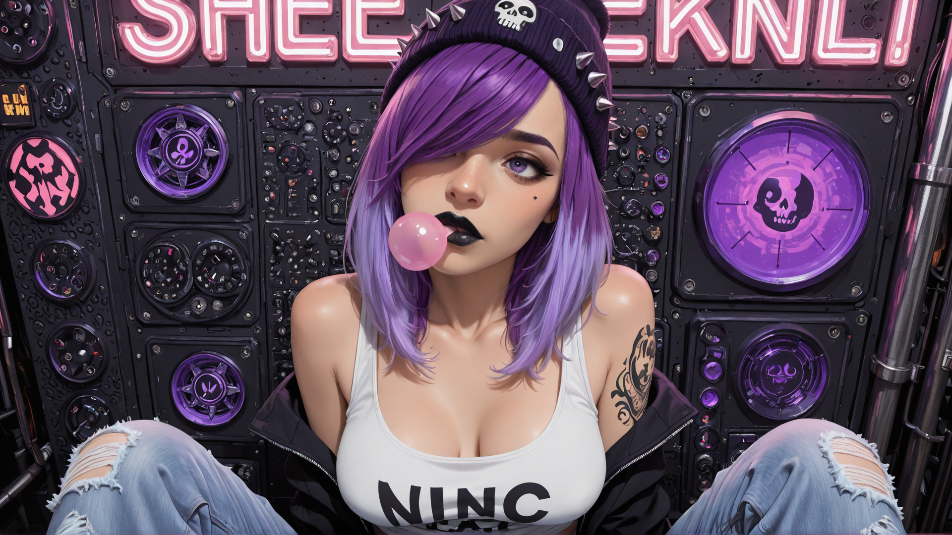 AI generated wallpaper featuring girl, punk, bubblegum, skull, guitars, neon, tattoo, jeans, beanie, tanktop