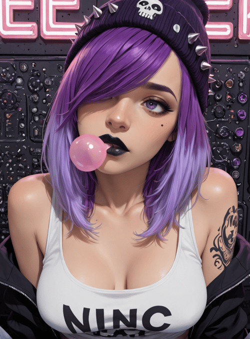 girl, punk, bubblegum, skull, guitars, neon, tattoo, jeans, beanie, tanktop