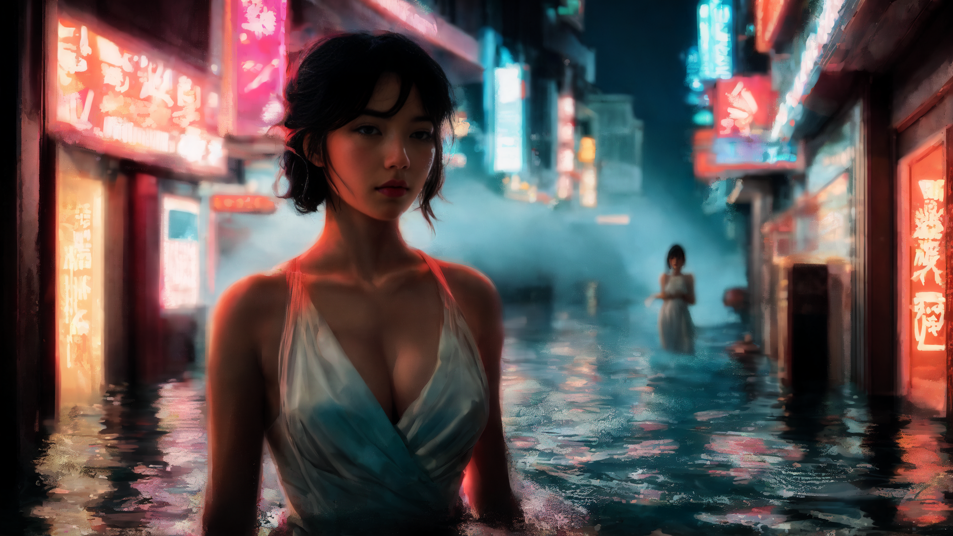 AI generated wallpaper featuring woman, city, neon