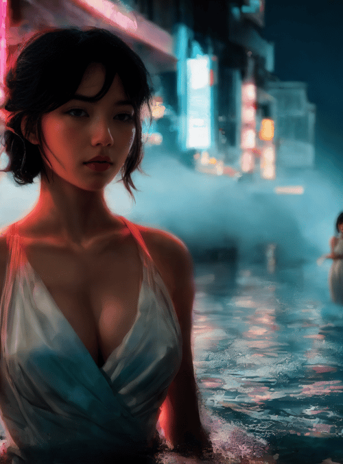 woman, city, neon