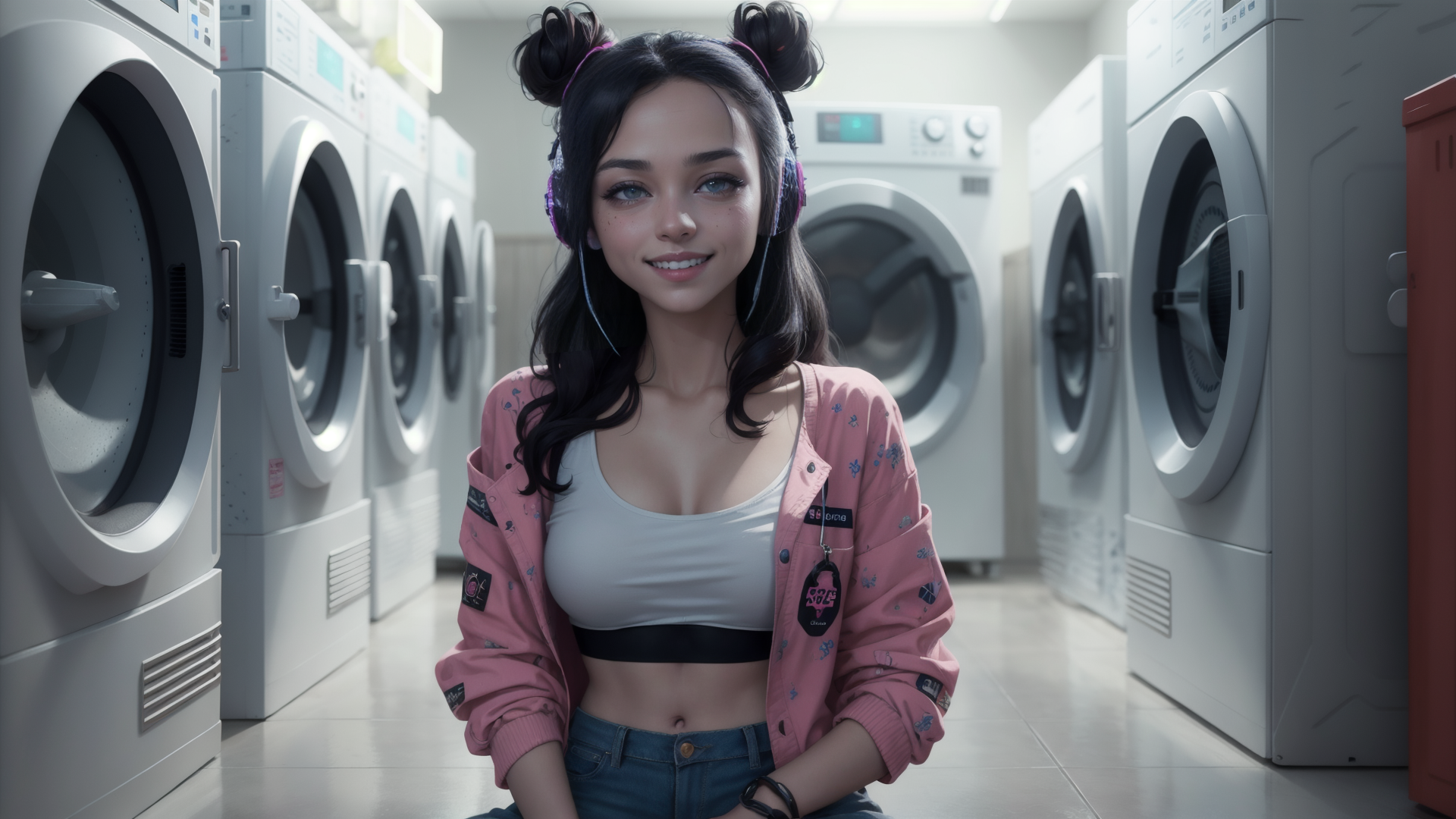AI generated wallpaper featuring woman, laundry, washers