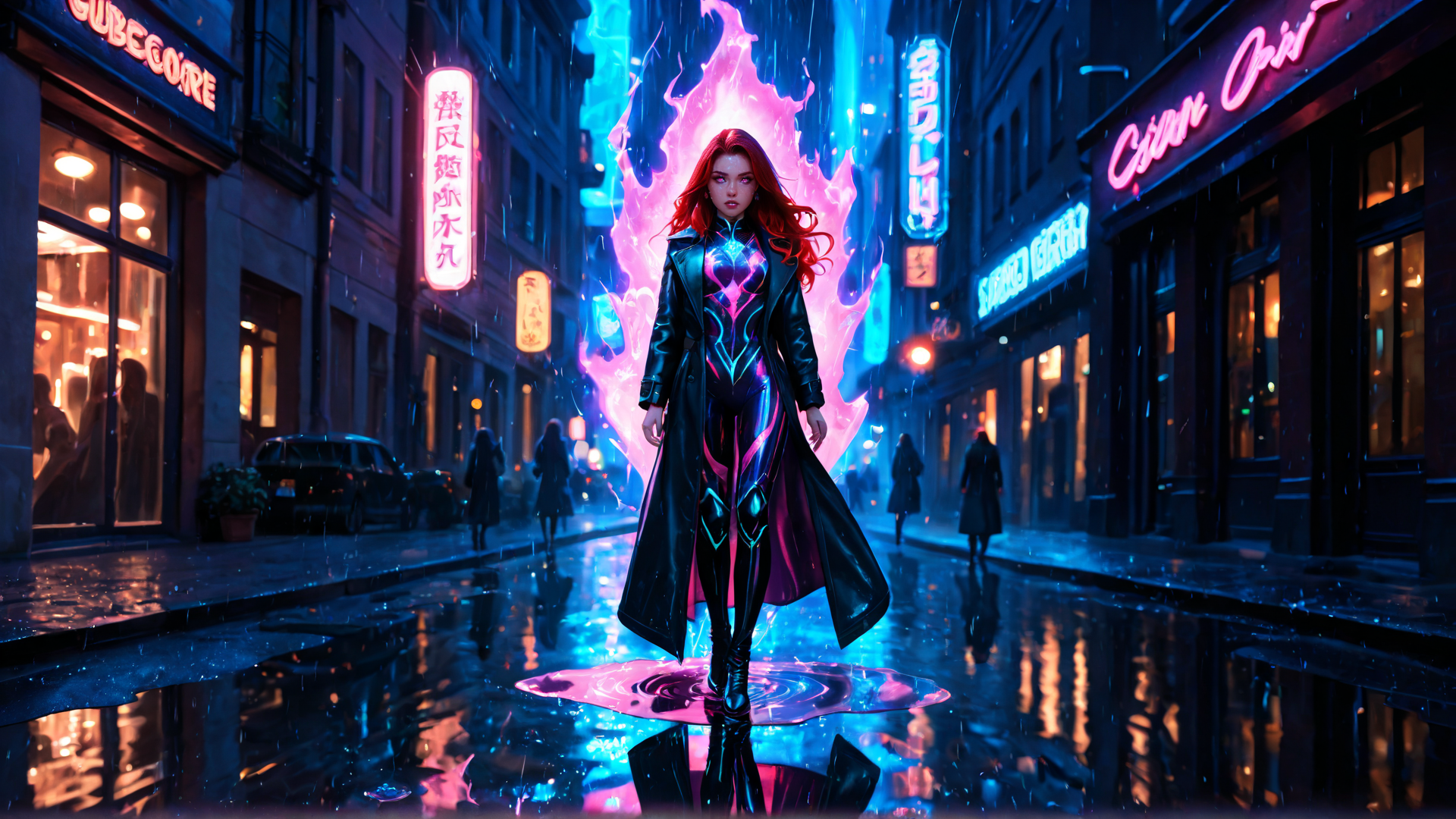 AI generated wallpaper featuring woman, neon, superhero