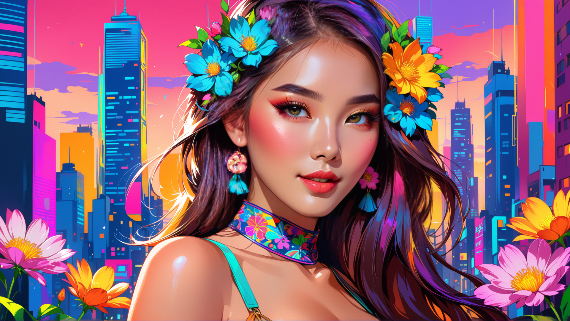 AI generated wallpaper featuring woman, flowers, city