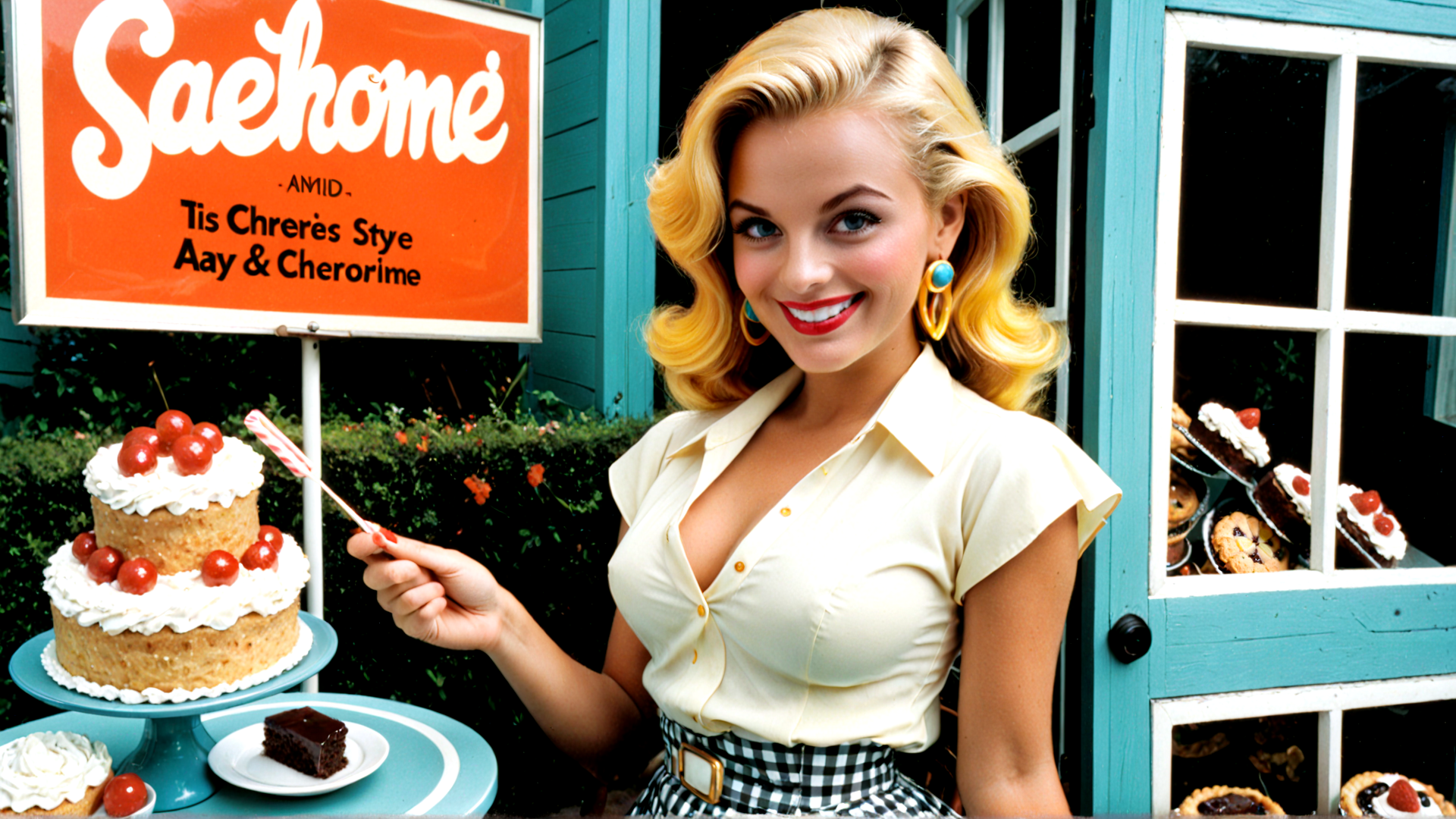 AI generated wallpaper featuring woman, cake, sign, cupcake, cookies, pie, door, dress, earrings, cherry