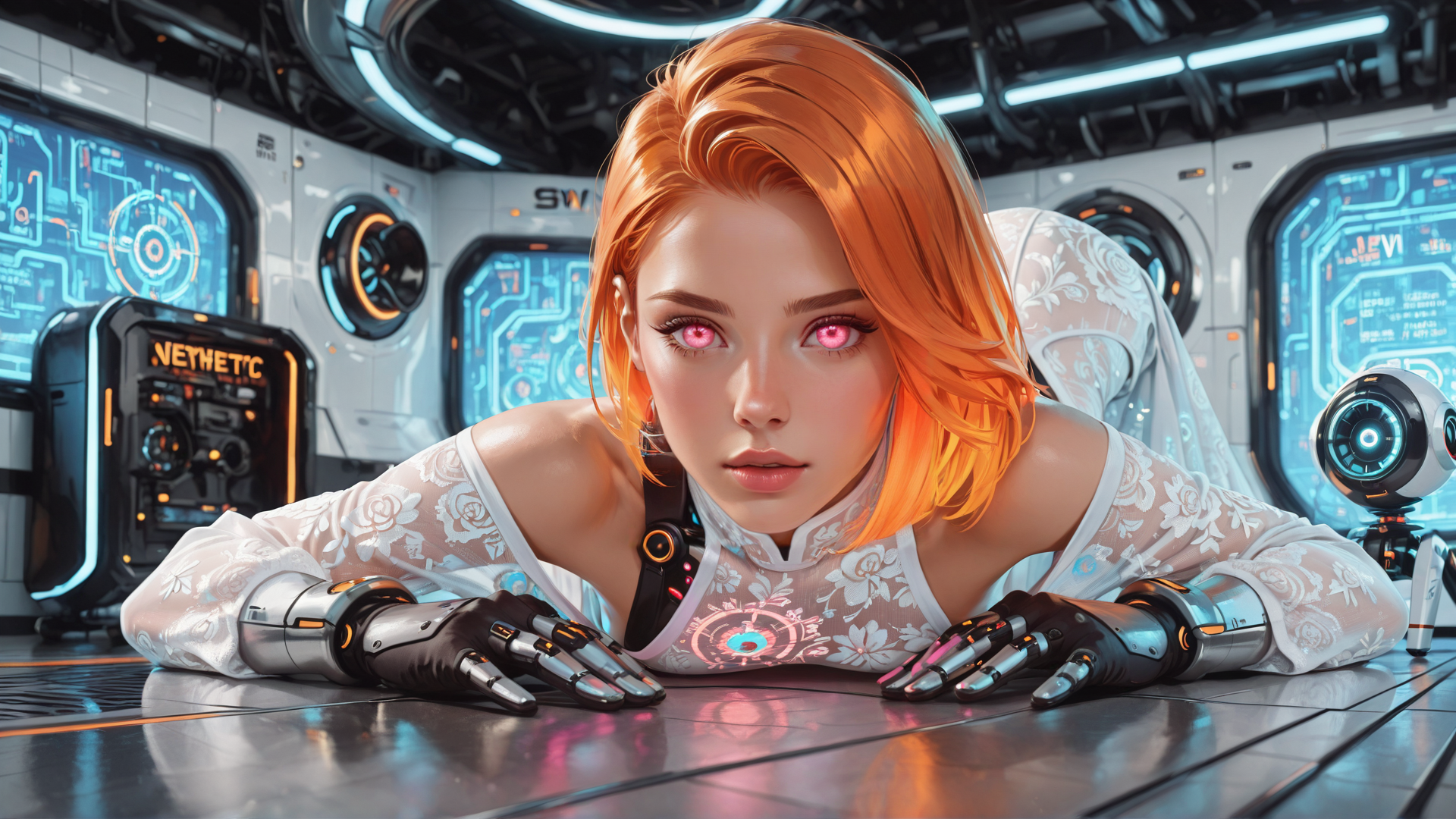 AI generated wallpaper featuring cyborg, woman, robot, laptop, screen