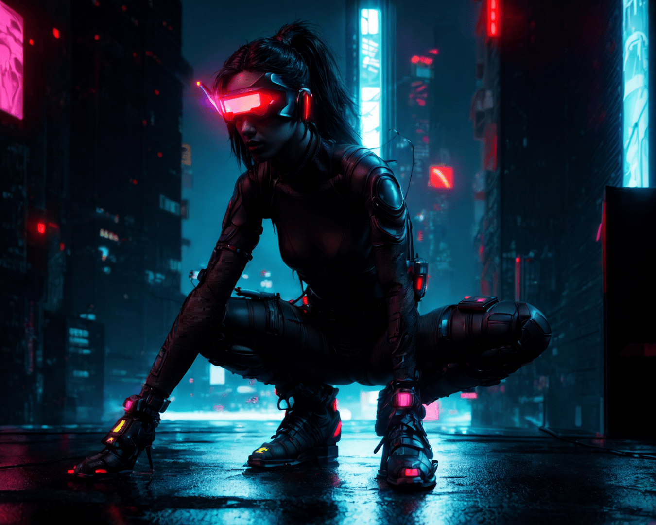 AI generated wallpaper featuring cyborg, woman, city