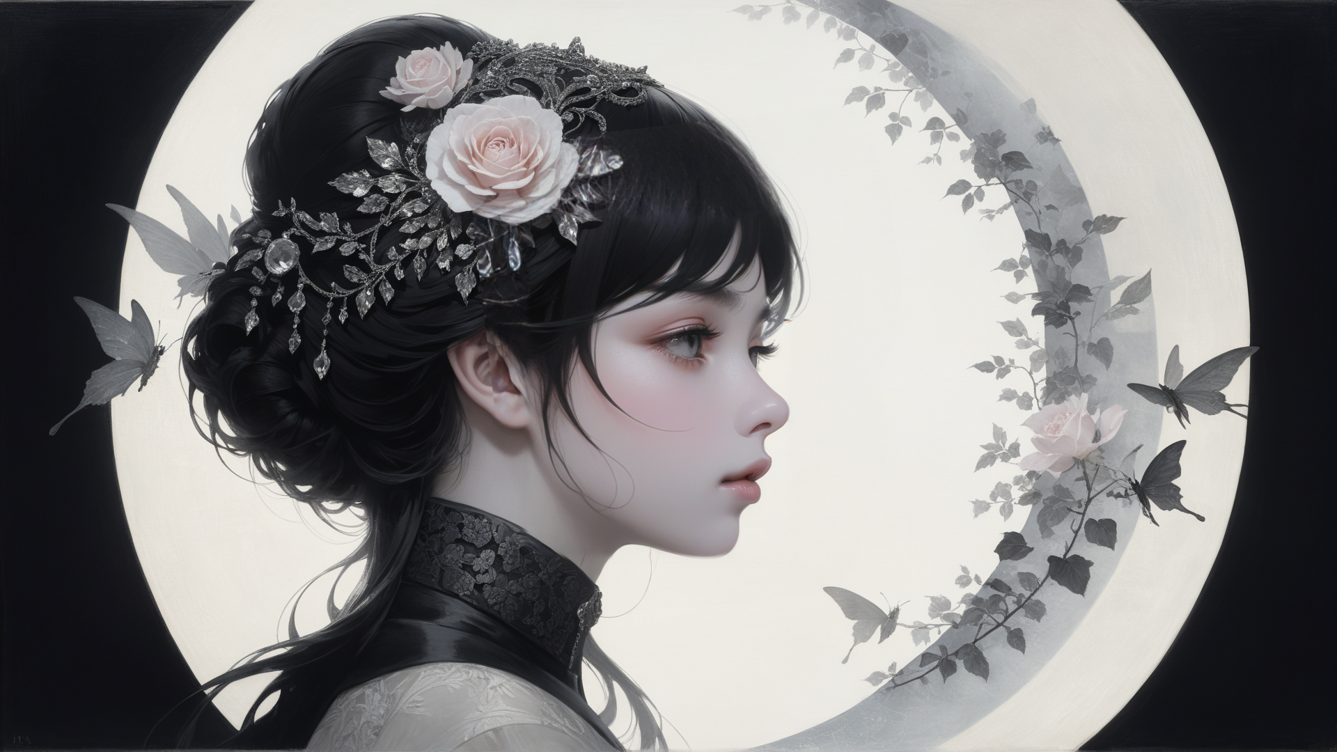 AI generated wallpaper featuring woman, butterfly, rose