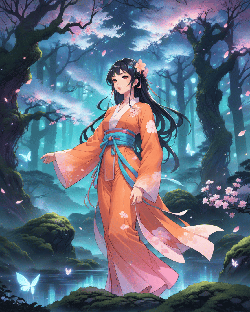 AI generated wallpaper featuring girl, kimono, butterfly