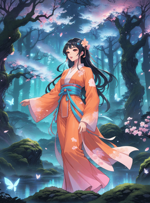 girl, kimono, butterfly