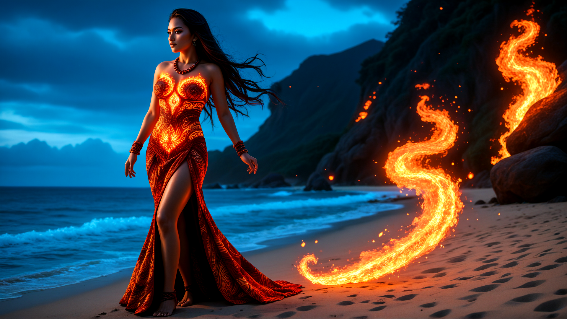 AI generated wallpaper featuring woman, fire, beach, dress, sand, mountain