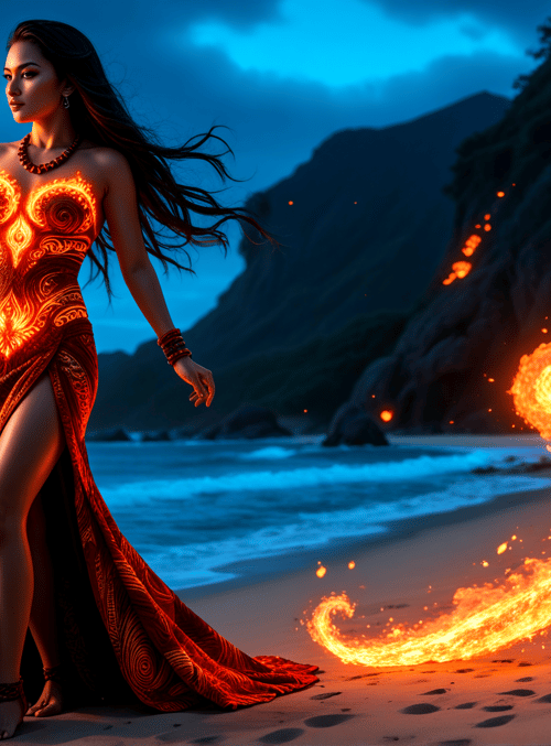 woman, fire, beach, dress, sand, mountain