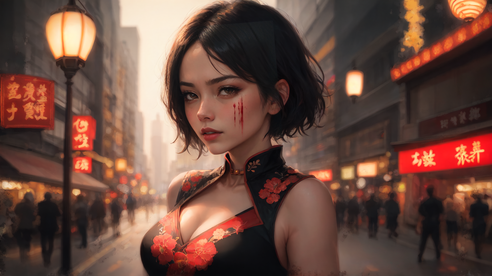 AI generated wallpaper featuring woman, chinese dress, street