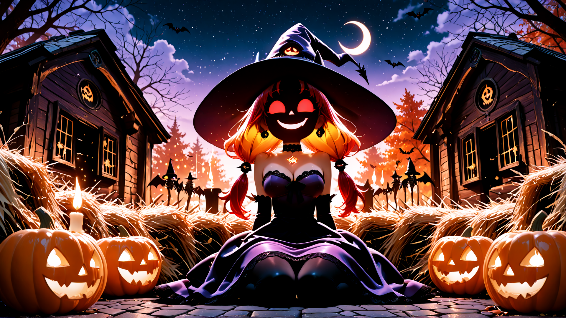 AI generated wallpaper featuring witch, pumpkin, hay, candle, house, bat, moon, tree, jack-o'-lantern, candlestick