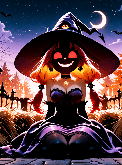 witch, pumpkin, hay, candle, house, bat, moon, tree, jack-o'-lantern, candlestick