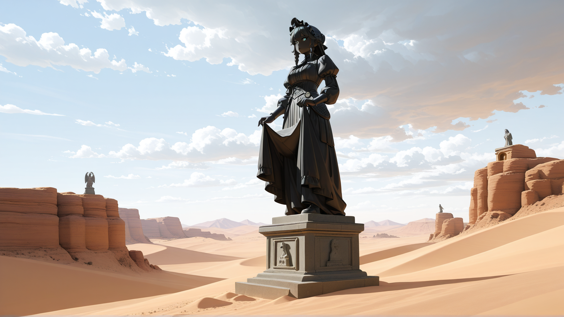 AI generated wallpaper featuring statue, desert, woman, sand dunes, rock formations, sky, clouds