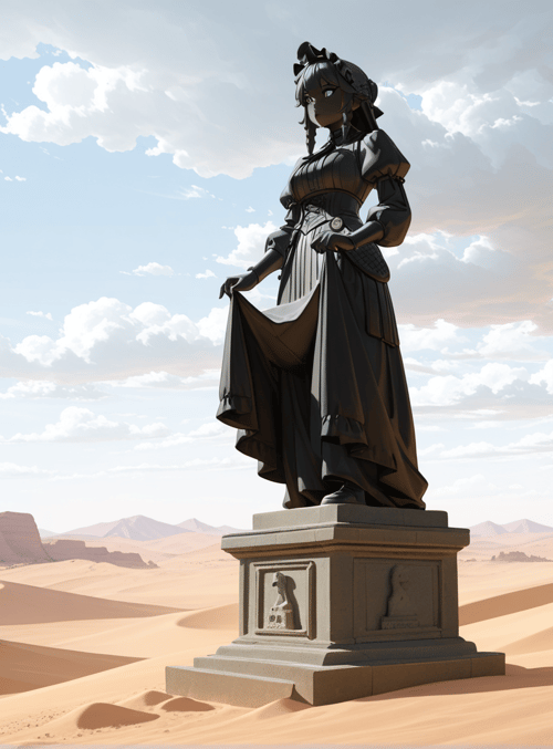 statue, desert, woman, sand dunes, rock formations, sky, clouds
